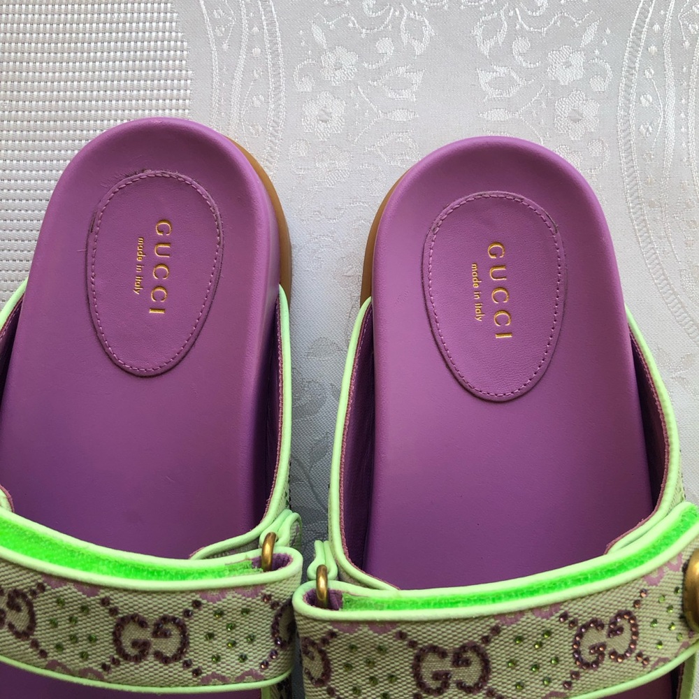 Gucci Crystal Canvas Purple/Lime GG Slides Sandals Women’s Size 39+ US-9 Shoes - Picture 12 of 14